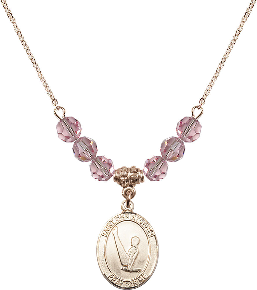 14kt Gold Filled Saint Christopher/Gymnastics Birthstone Necklace with Light Rose Beads - 8142