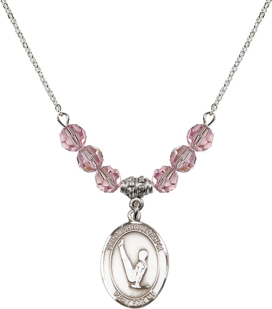 Sterling Silver Saint Christopher/Gymnastics Birthstone Necklace with Light Rose Beads - 8142