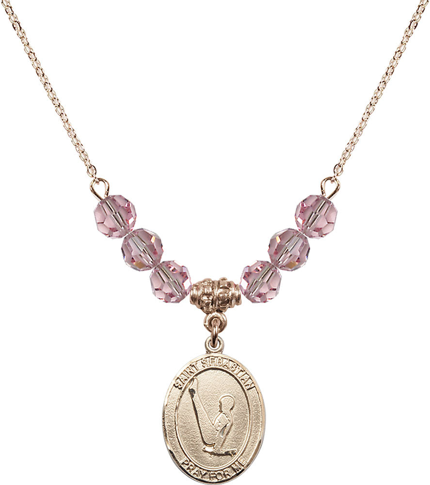 14kt Gold Filled Saint Sebastian/Gymnastics Birthstone Necklace with Light Rose Beads - 8172