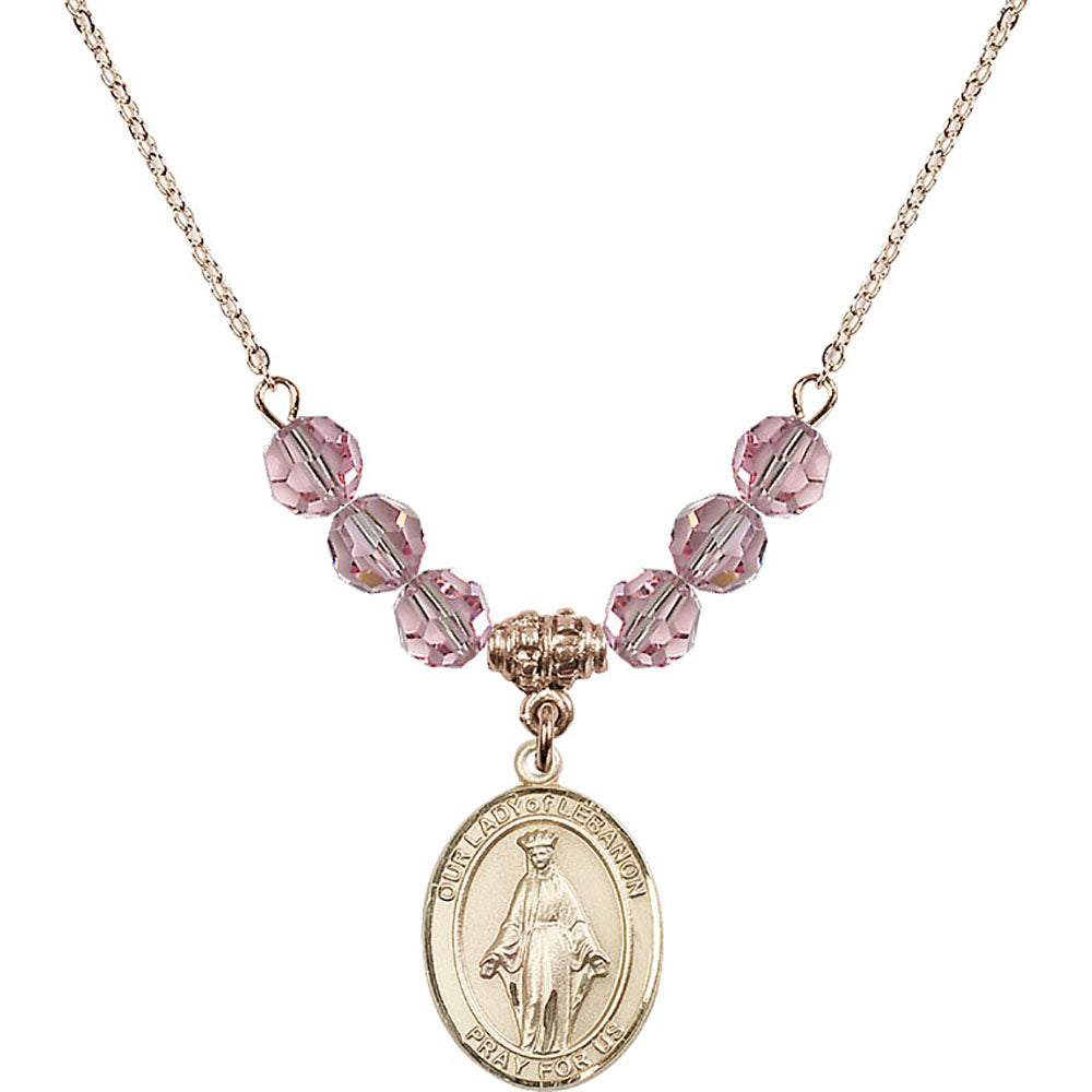 14kt Gold Filled Our Lady of Lebanon Birthstone Necklace with Light Rose Beads - 8229