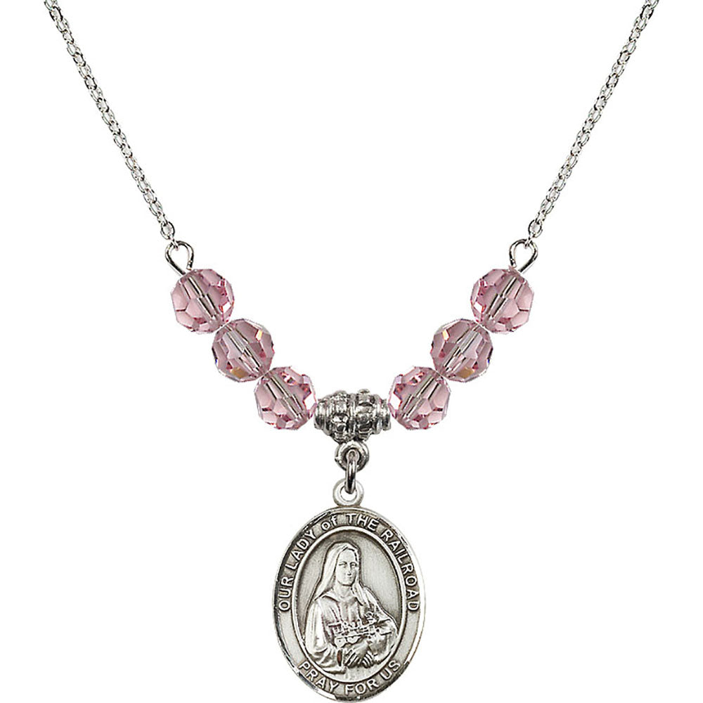 Sterling Silver Our Lady of the Railroad Birthstone Necklace with Light Rose Beads - 8247