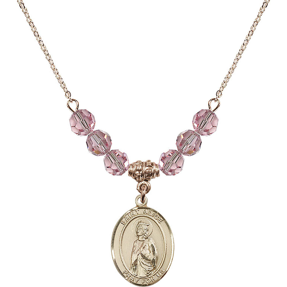 14kt Gold Filled Saint Alice Birthstone Necklace with Light Rose Beads - 8248