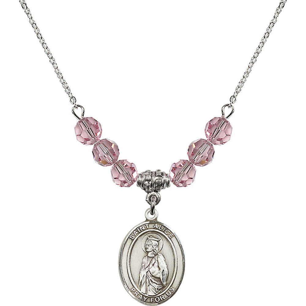 Sterling Silver Saint Alice Birthstone Necklace with Light Rose Beads - 8248