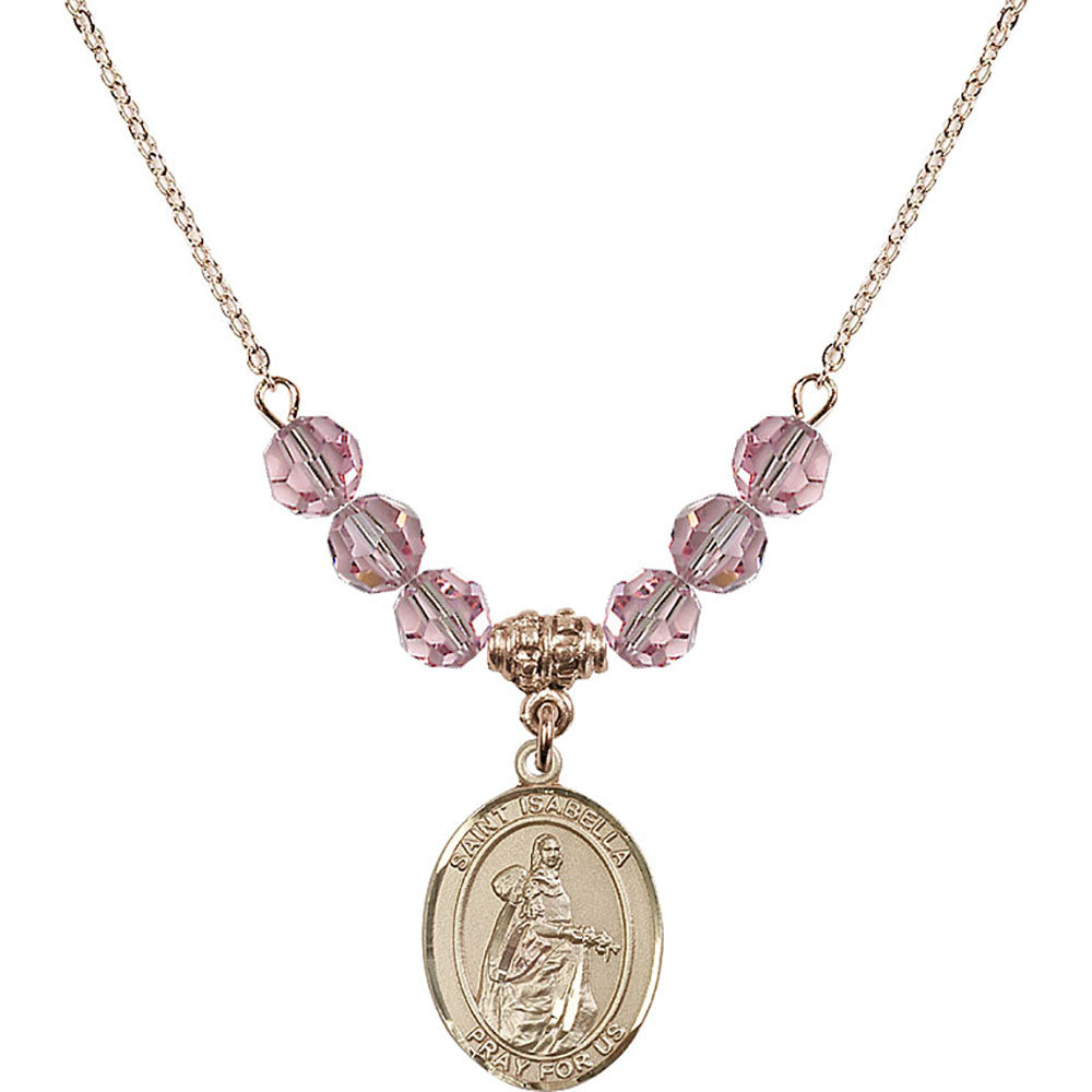 14kt Gold Filled Saint Isabella of Portugal Birthstone Necklace with Light Rose Beads - 8250