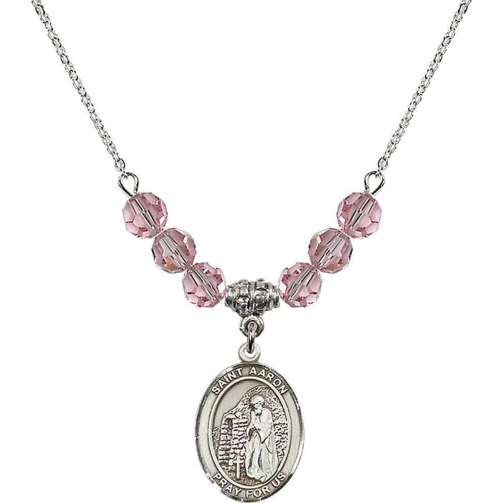 Sterling Silver Saint Aaron Birthstone Necklace with Light Rose Beads - 8254