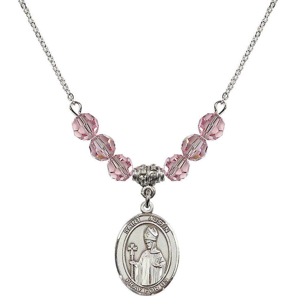 Sterling Silver Saint Austin Birthstone Necklace with Light Rose Beads - 8256