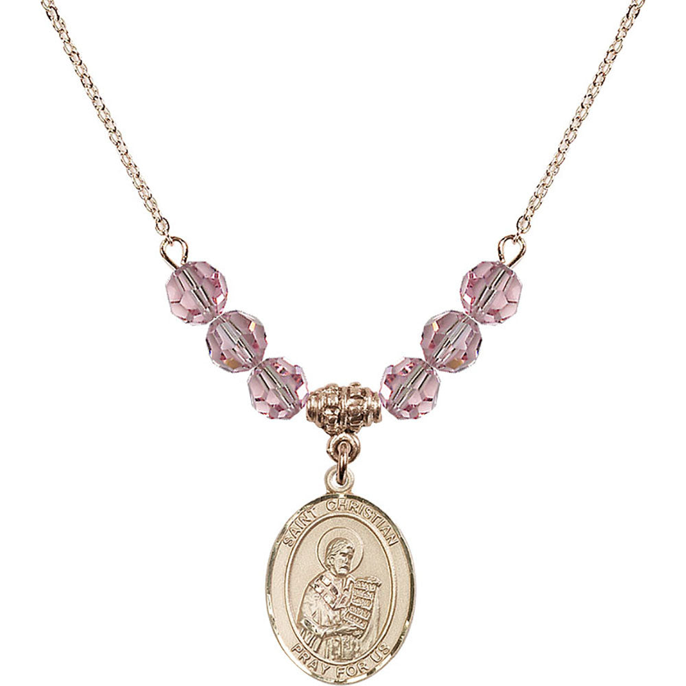 14kt Gold Filled Saint Christian Demosthenes Birthstone Necklace with Light Rose Beads - 8257