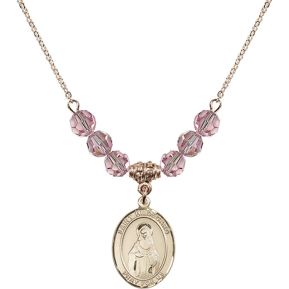 14kt Gold Filled Saint Hildegard von Bingen Birthstone Necklace with Light Rose Beads - 8260