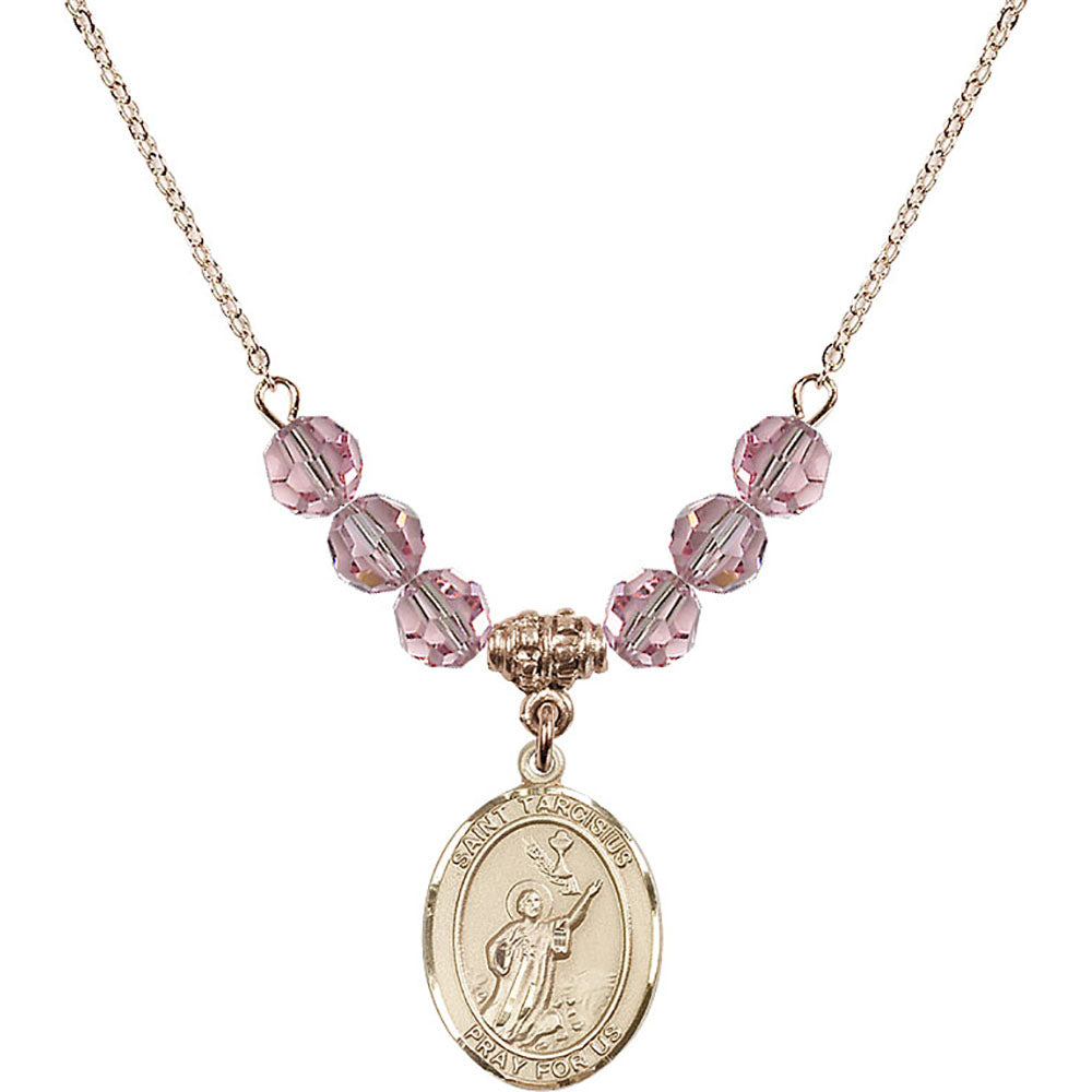 14kt Gold Filled Saint Tarcisius Birthstone Necklace with Light Rose Beads - 8261
