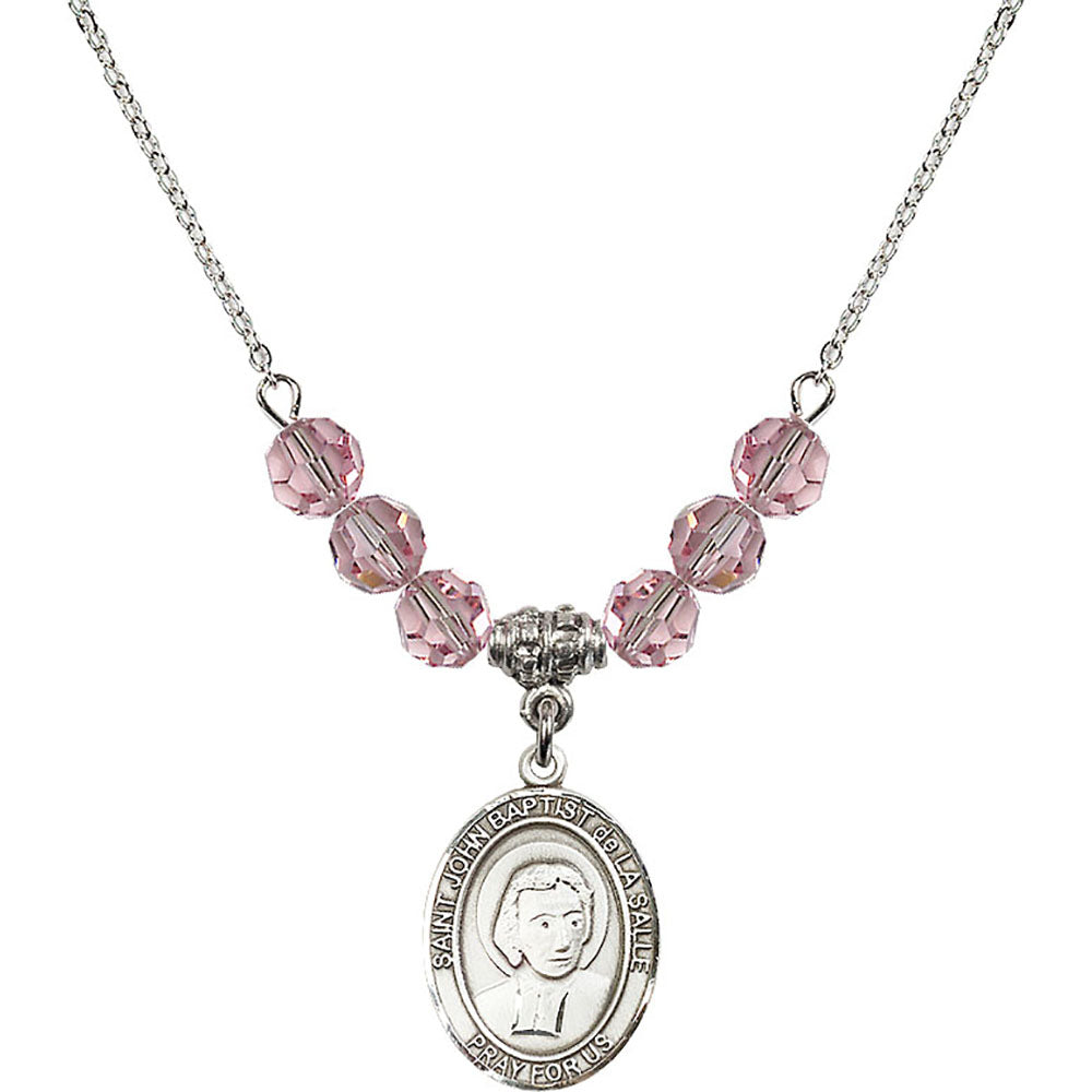 Sterling Silver Saint John Baptist de la Salle Birthstone Necklace with Light Rose Beads - 8262