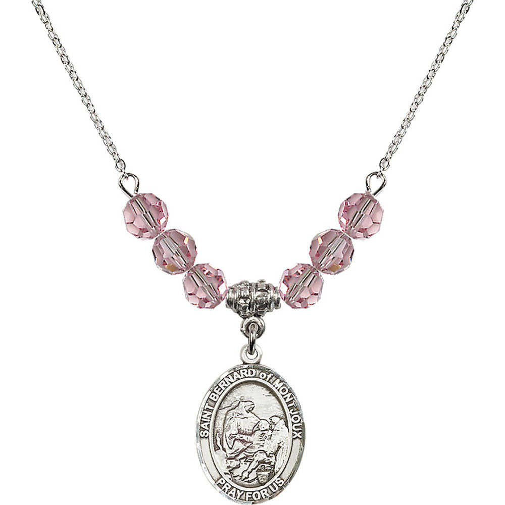 Sterling Silver Saint Bernard of Montjoux Birthstone Necklace with Light Rose Beads - 8264