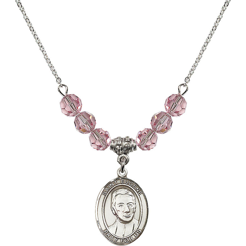 Sterling Silver Saint Eugene de Mazenod Birthstone Necklace with Light Rose Beads - 8266