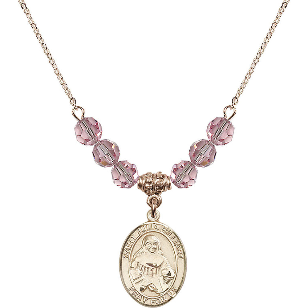 14kt Gold Filled Saint Julia Billiart Birthstone Necklace with Light Rose Beads - 8267