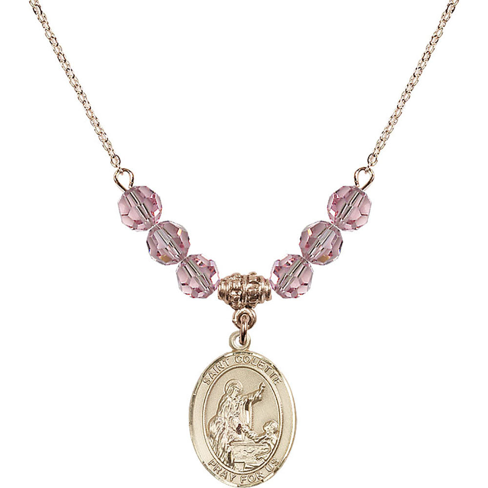 14kt Gold Filled Saint Colette Birthstone Necklace with Light Rose Beads - 8268