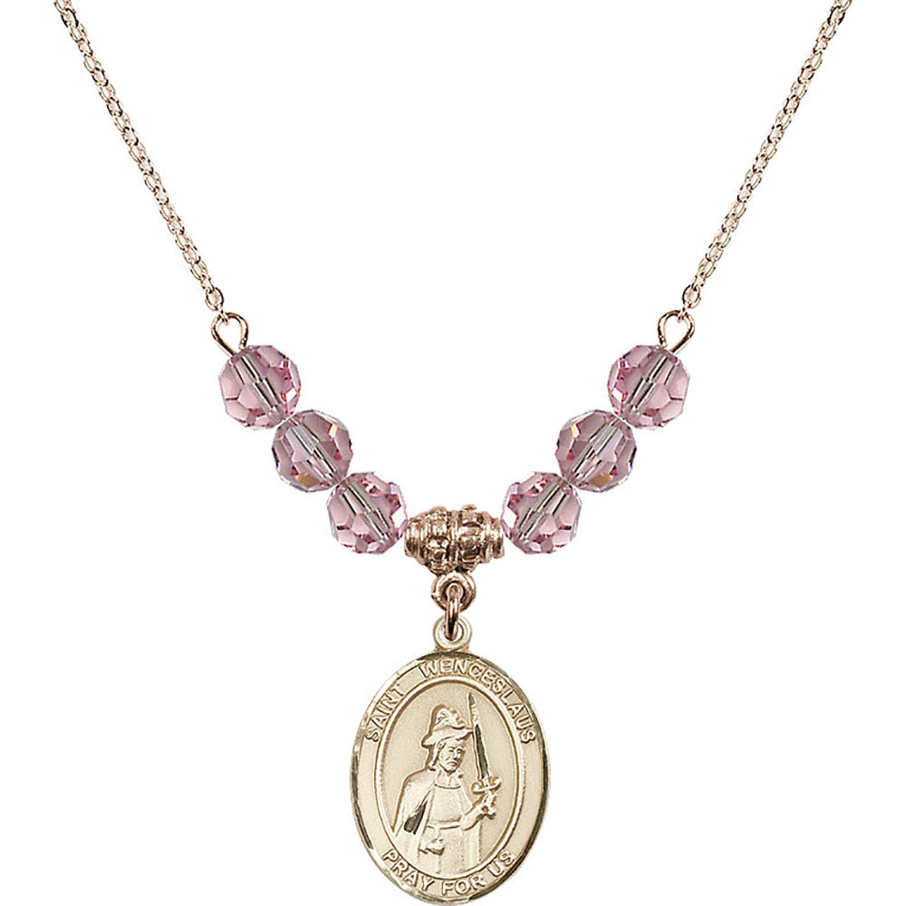 14kt Gold Filled Saint Wenceslaus Birthstone Necklace with Light Rose Beads - 8273