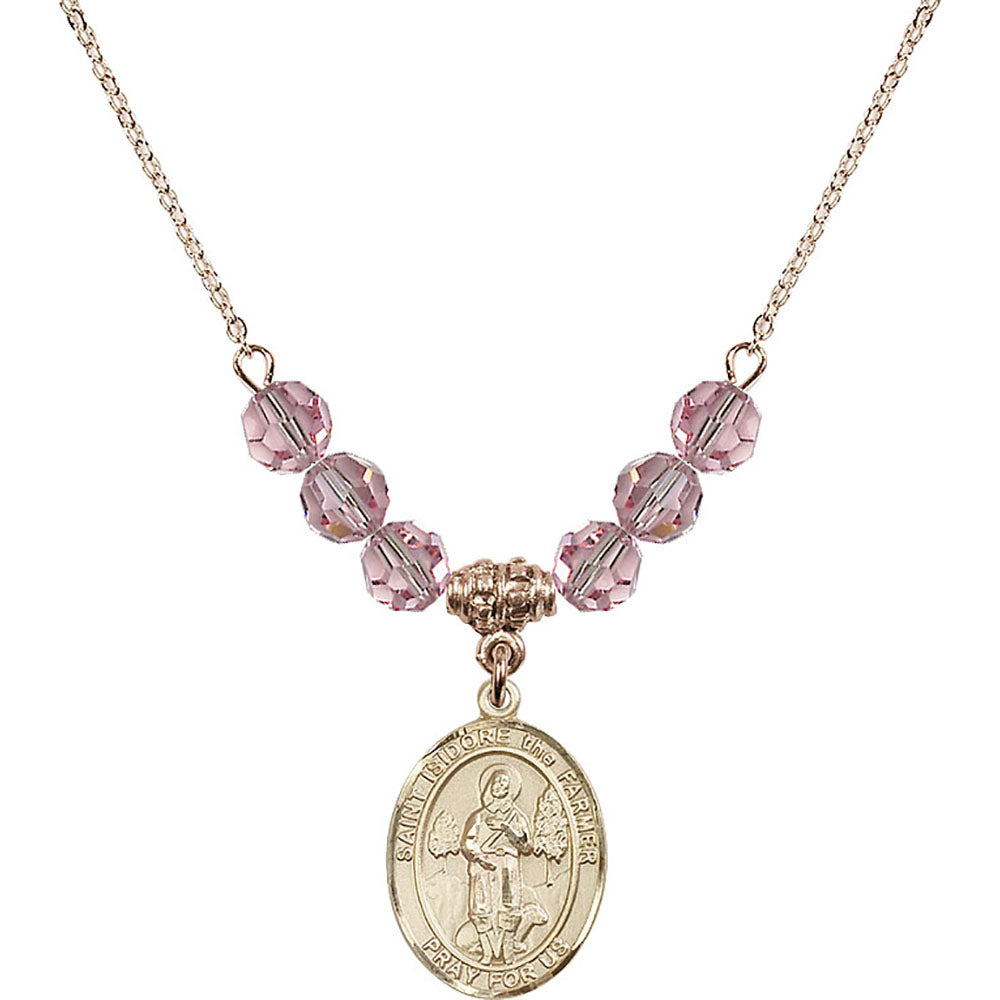 14kt Gold Filled Saint Isidore the Farmer Birthstone Necklace with Light Rose Beads - 8276