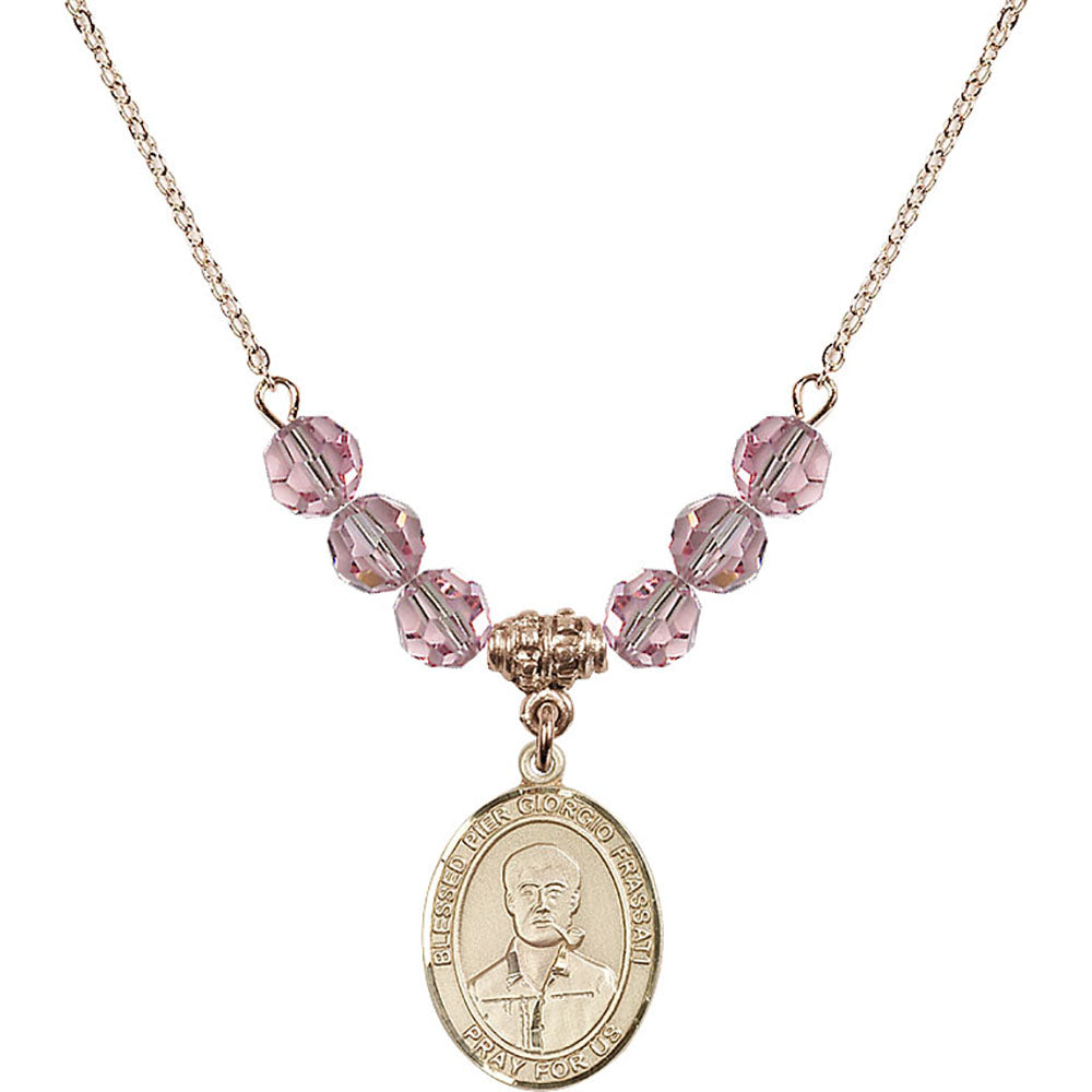 14kt Gold Filled Blessed Pier Giorgio Frassati Birthstone Necklace with Light Rose Beads - 8278