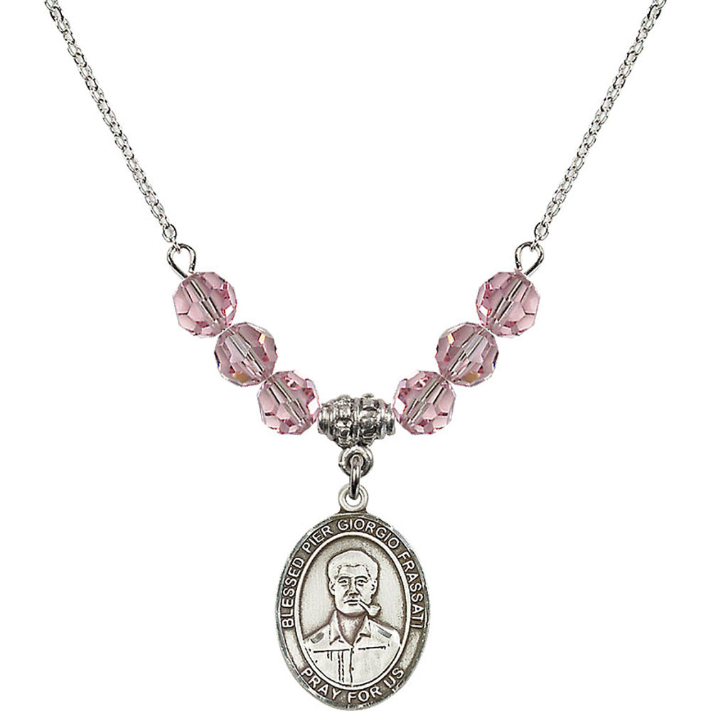 Sterling Silver Blessed Pier Giorgio Frassati Birthstone Necklace with Light Rose Beads - 8278