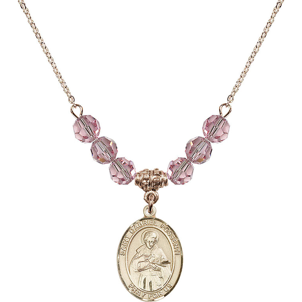 14kt Gold Filled Saint Gabriel Possenti Birthstone Necklace with Light Rose Beads - 8279