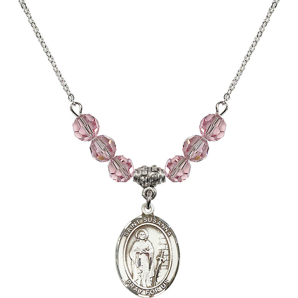 Sterling Silver Saint Susanna Birthstone Necklace with Light Rose Beads - 8280