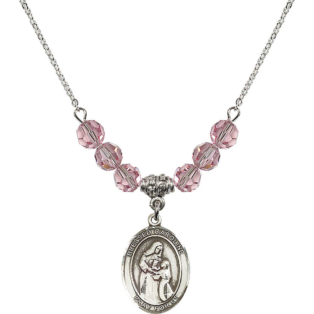 Sterling Silver Blessed Caroline Gerhardinger Birthstone Necklace with Light Rose Beads - 8281