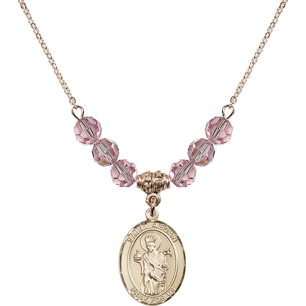 14kt Gold Filled Saint Aedan of Ferns Birthstone Necklace with Light Rose Beads - 8293
