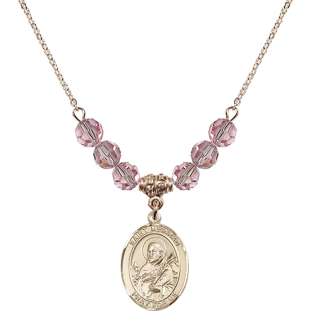 14kt Gold Filled Saint Meinrad of Einsiedeln Birthstone Necklace with Light Rose Beads - 8307