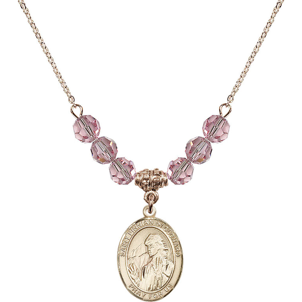14kt Gold Filled Saint Finnian of Clonard Birthstone Necklace with Light Rose Beads - 8308