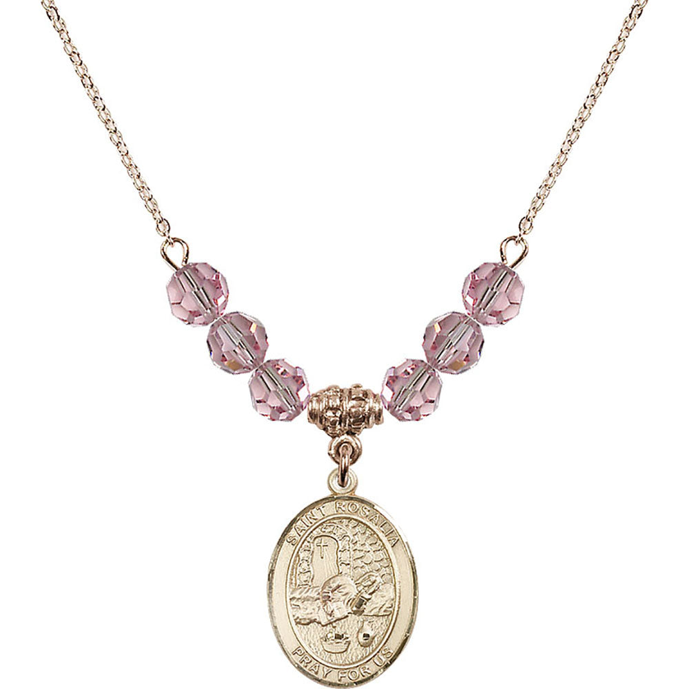 14kt Gold Filled Saint Rosalia Birthstone Necklace with Light Rose Beads - 8309
