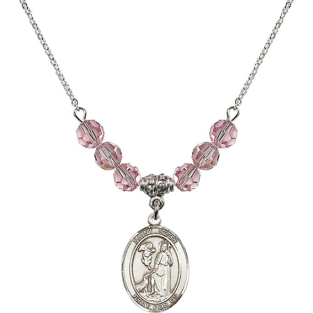 Sterling Silver Saint Roch Birthstone Necklace with Light Rose Beads - 8310