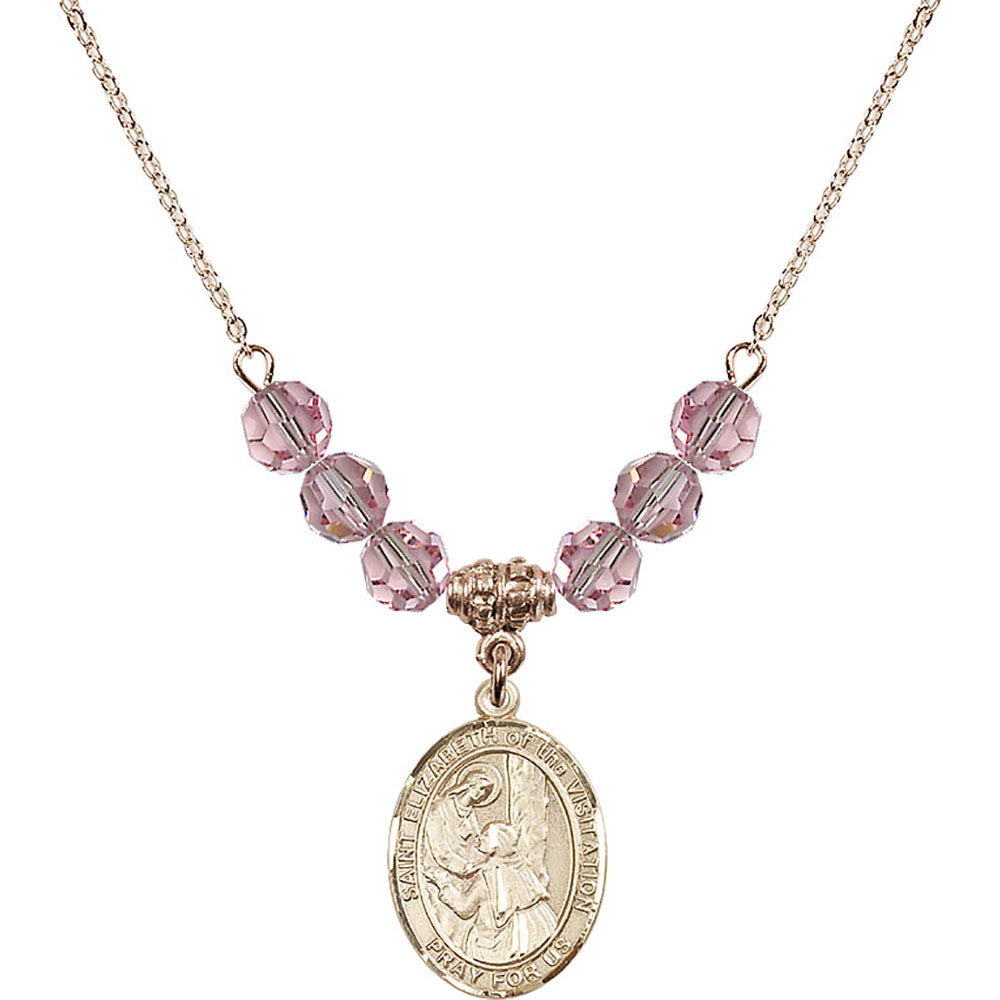14kt Gold Filled Saint Elizabeth of the Visitation Birthstone Necklace with Light Rose Beads - 8311