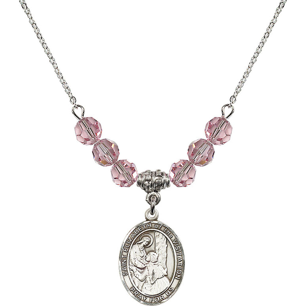 Sterling Silver Saint Elizabeth of the Visitation Birthstone Necklace with Light Rose Beads - 8311