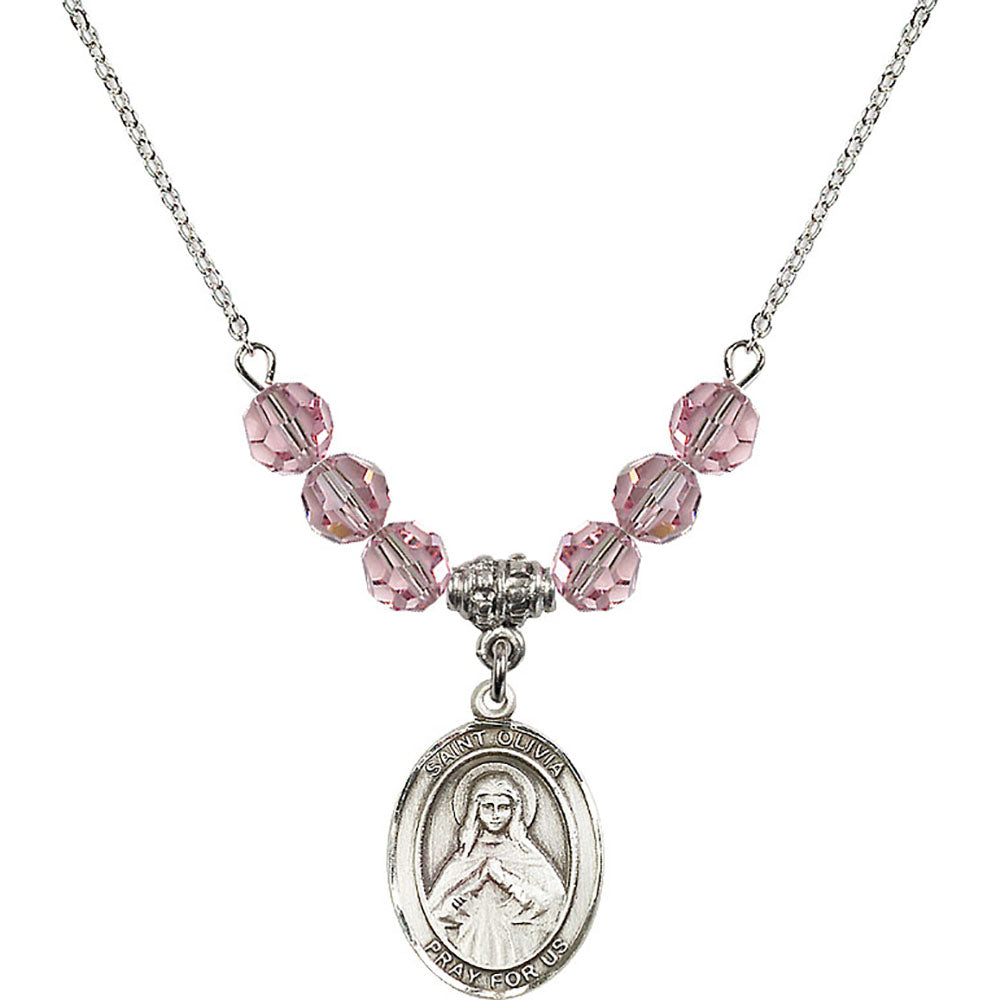 Sterling Silver Saint Olivia Birthstone Necklace with Light Rose Beads - 8312