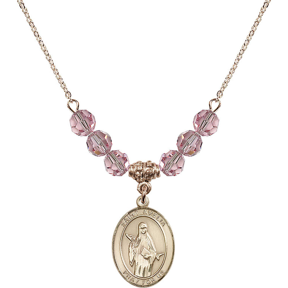 14kt Gold Filled Saint Amelia Birthstone Necklace with Light Rose Beads - 8313