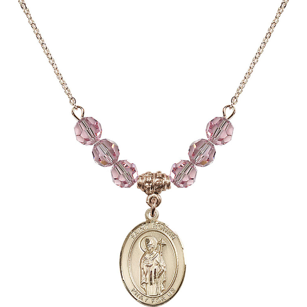 14kt Gold Filled Saint Ronan Birthstone Necklace with Light Rose Beads - 8315
