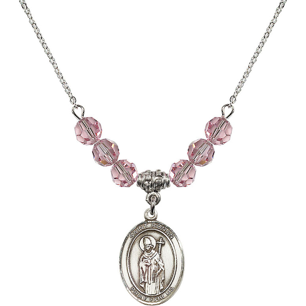Sterling Silver Saint Ronan Birthstone Necklace with Light Rose Beads - 8315