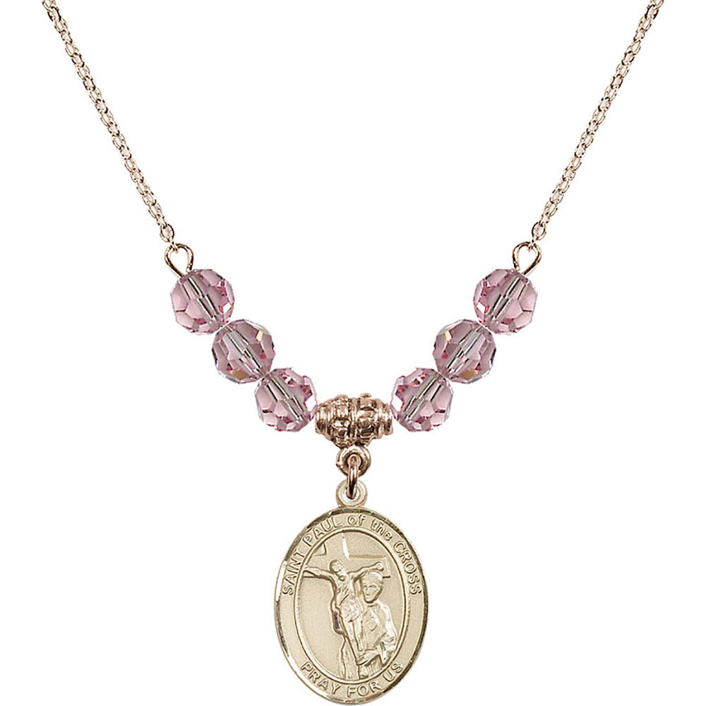 14kt Gold Filled Saint Paul of the Cross Birthstone Necklace with Light Rose Beads - 8318
