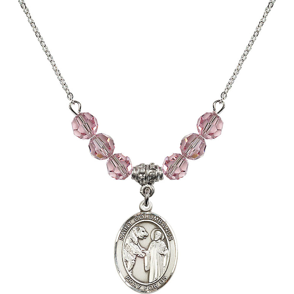 Sterling Silver Saint Columbanus Birthstone Necklace with Light Rose Beads - 8321