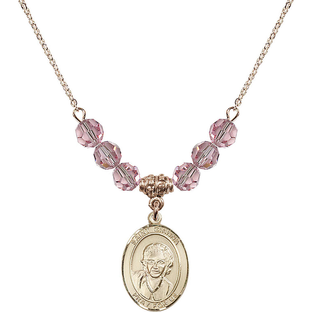 14kt Gold Filled Saint Gianna Beretta Molla Birthstone Necklace with Light Rose Beads - 8322