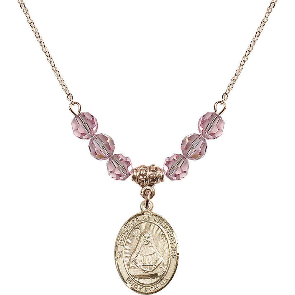 14kt Gold Filled Saint Edburga of Winchester Birthstone Necklace with Light Rose Beads - 8324