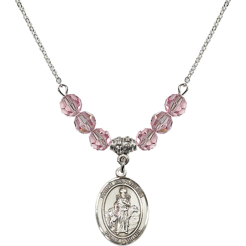 Sterling Silver Saint Cornelius Birthstone Necklace with Light Rose Beads - 8325