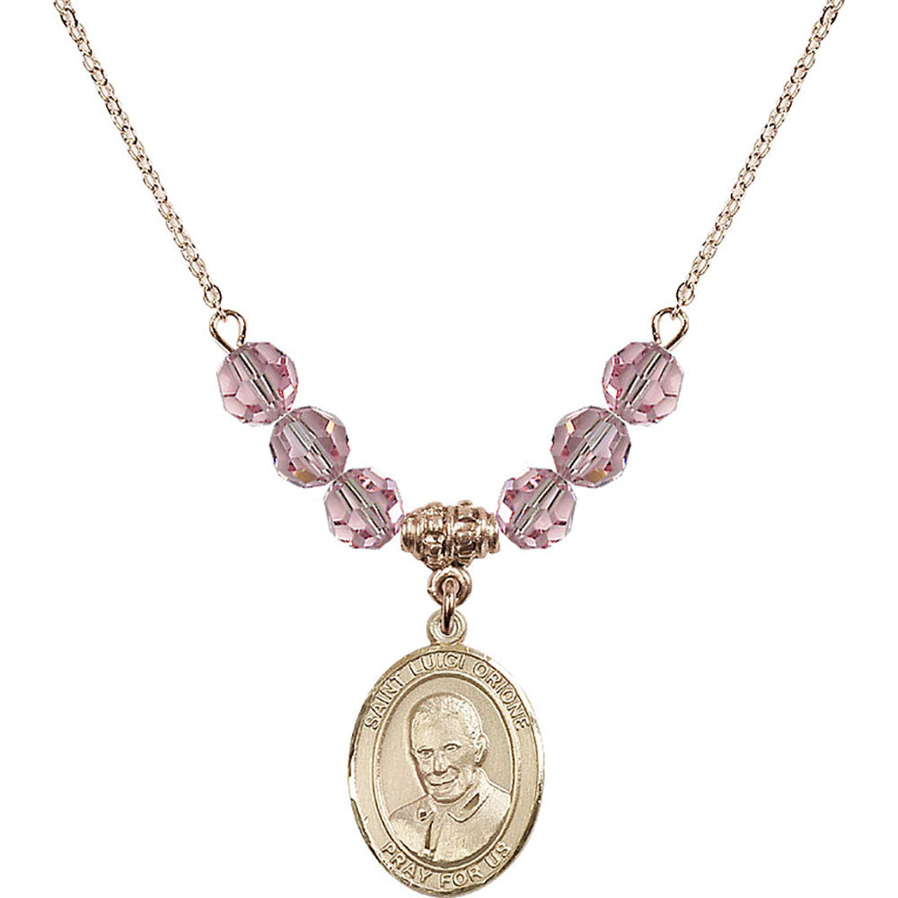 14kt Gold Filled Saint Luigi Orione Birthstone Necklace with Light Rose Beads - 8326