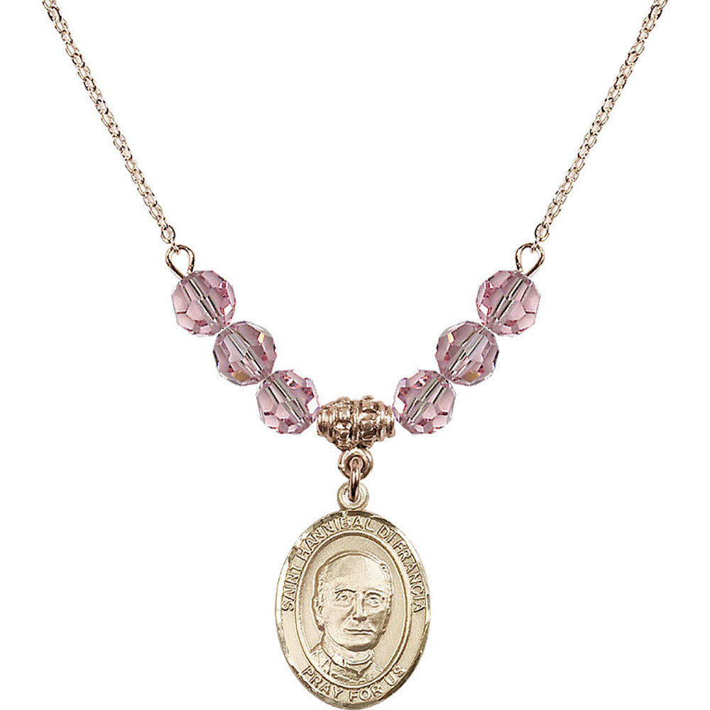 14kt Gold Filled Saint Hannibal Birthstone Necklace with Light Rose Beads - 8327