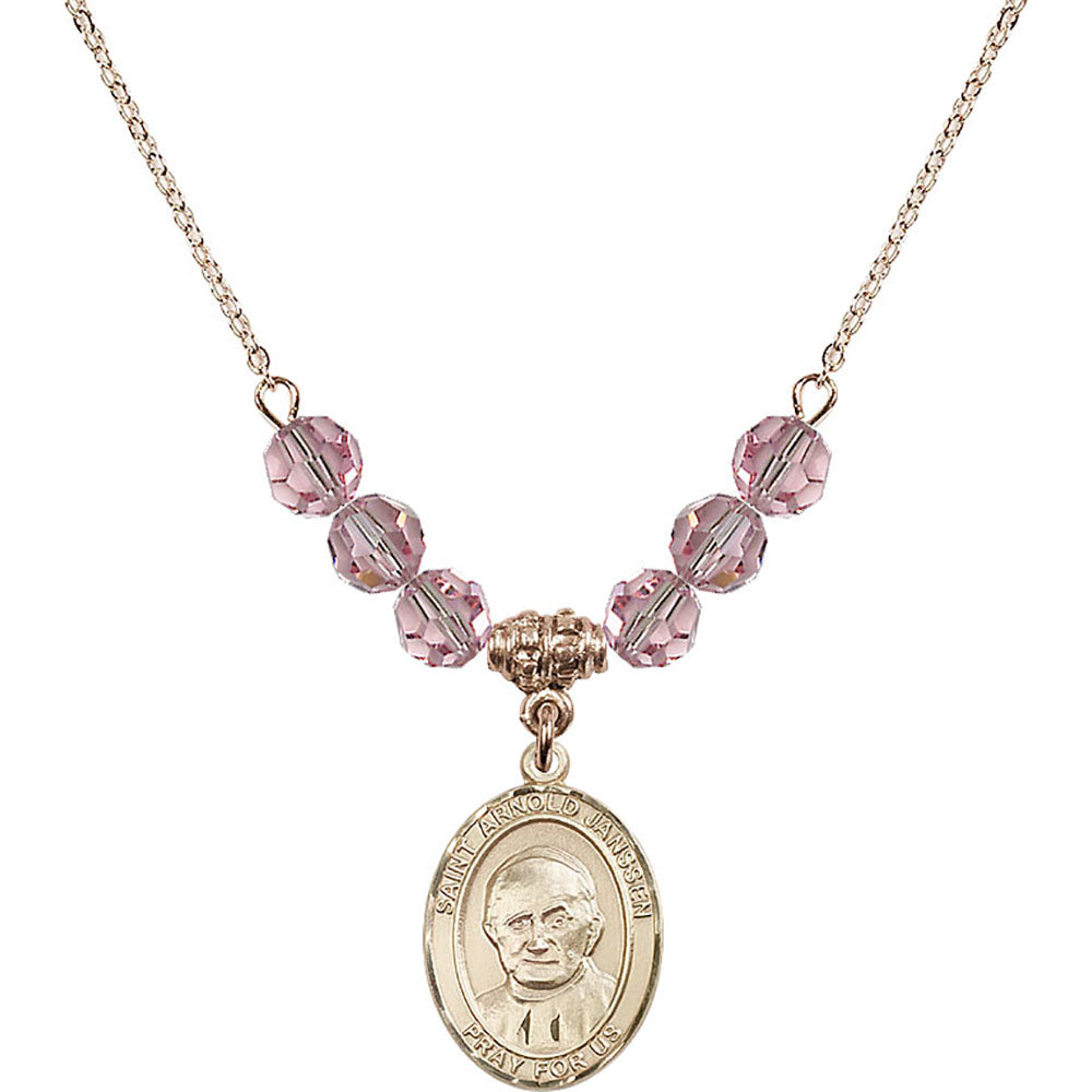 14kt Gold Filled Saint Arnold Janssen Birthstone Necklace with Light Rose Beads - 8328