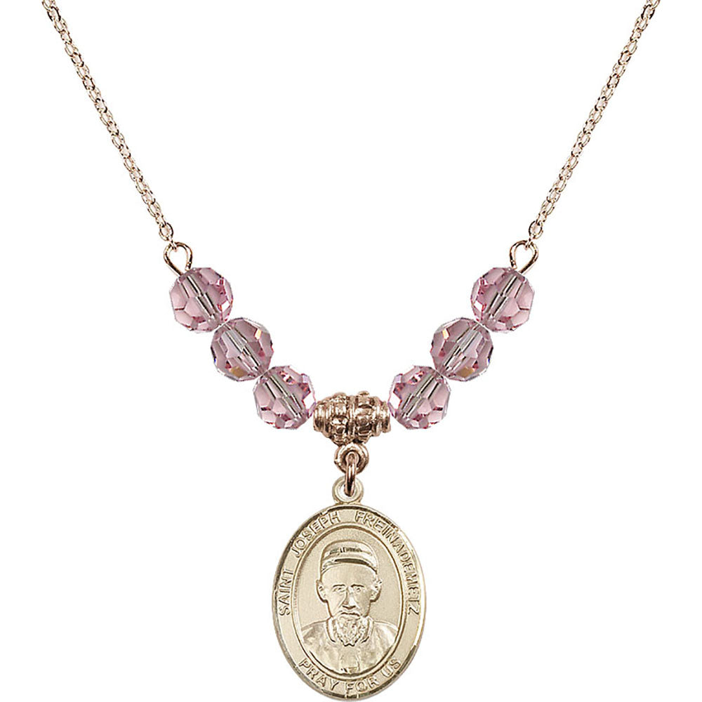 14kt Gold Filled Saint Joseph Freinademetz Birthstone Necklace with Light Rose Beads - 8329