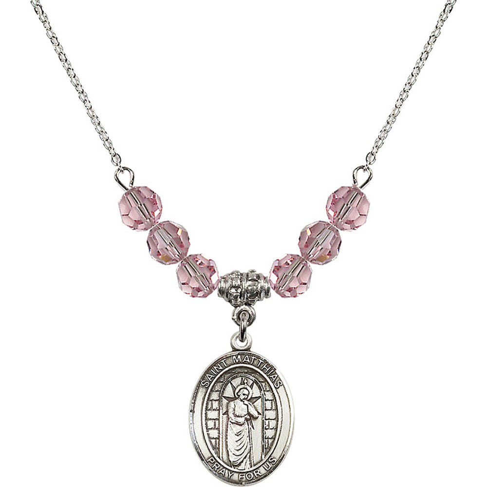 Sterling Silver Saint Matthias the Apostle Birthstone Necklace with Light Rose Beads - 8331