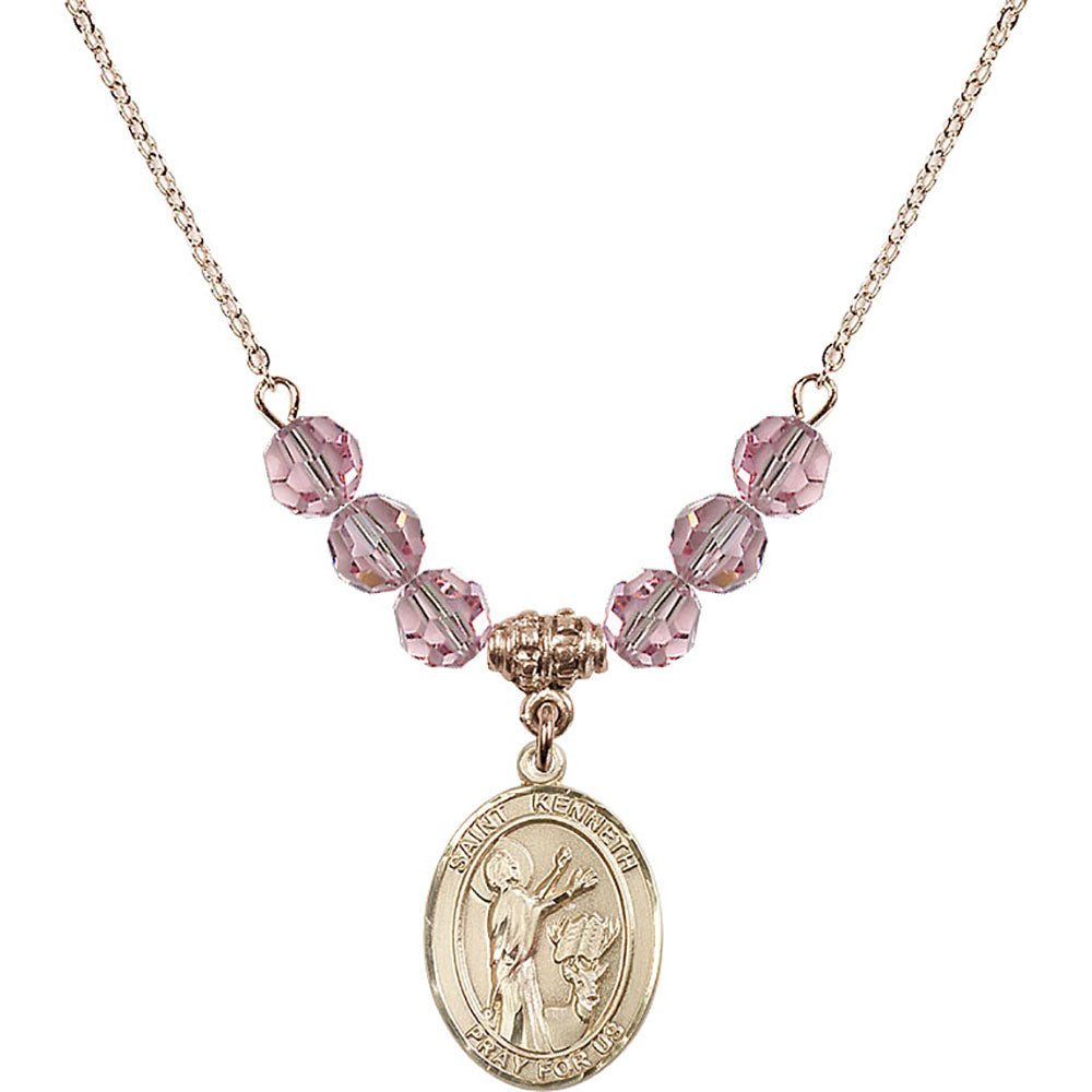 14kt Gold Filled Saint Kenneth Birthstone Necklace with Light Rose Beads - 8332