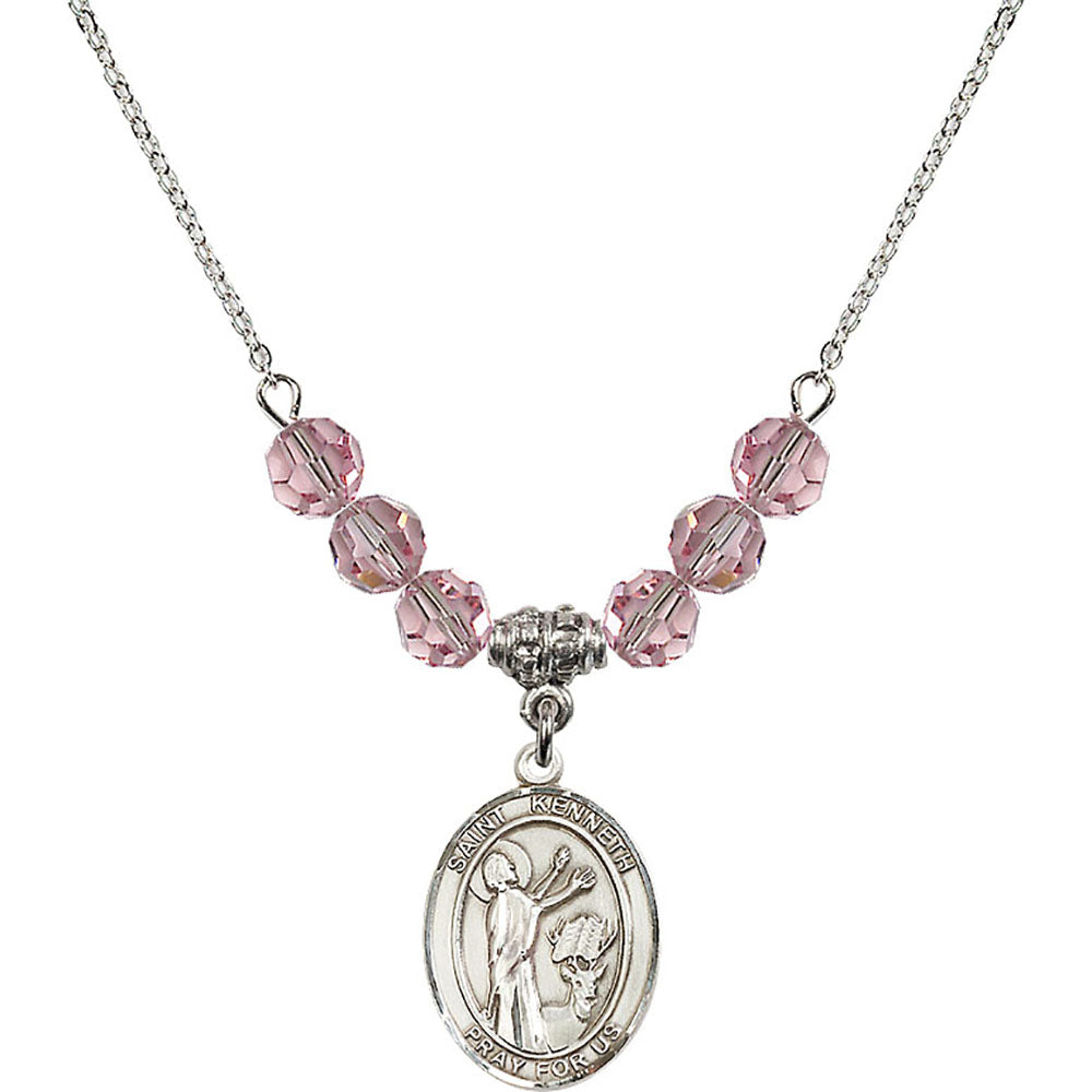 Sterling Silver Saint Kenneth Birthstone Necklace with Light Rose Beads - 8332