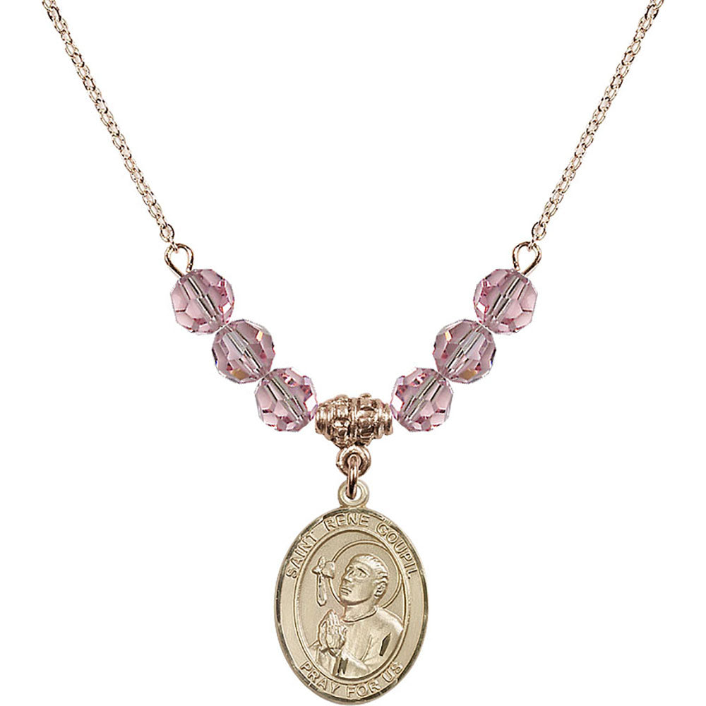 14kt Gold Filled Saint Rene Goupil Birthstone Necklace with Light Rose Beads - 8334