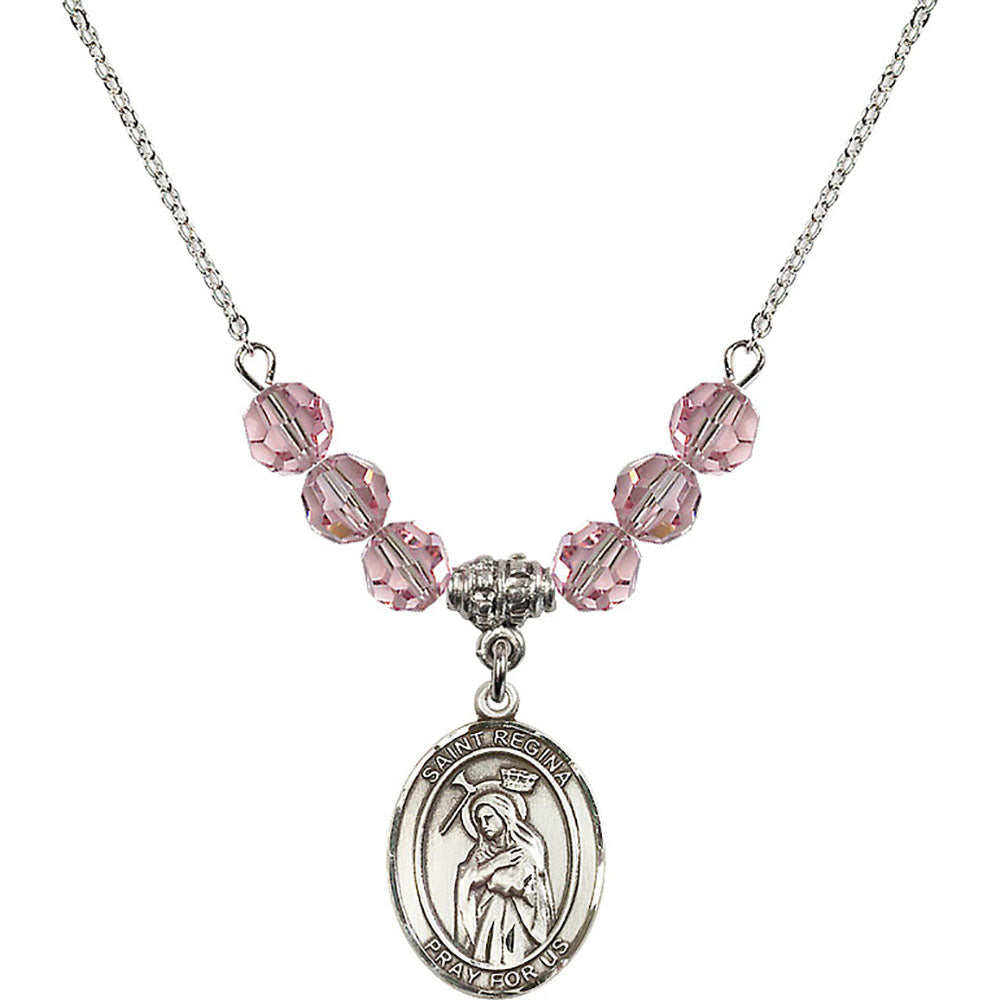 Sterling Silver Saint Regina Birthstone Necklace with Light Rose Beads - 8335